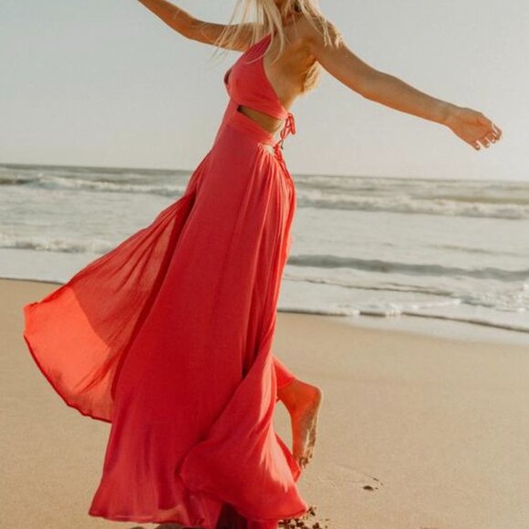 Free People Lille Maxi Dress | Rouge / Red | Size Medium | Flowy ~ Boho Halter - Picture 3 of 16